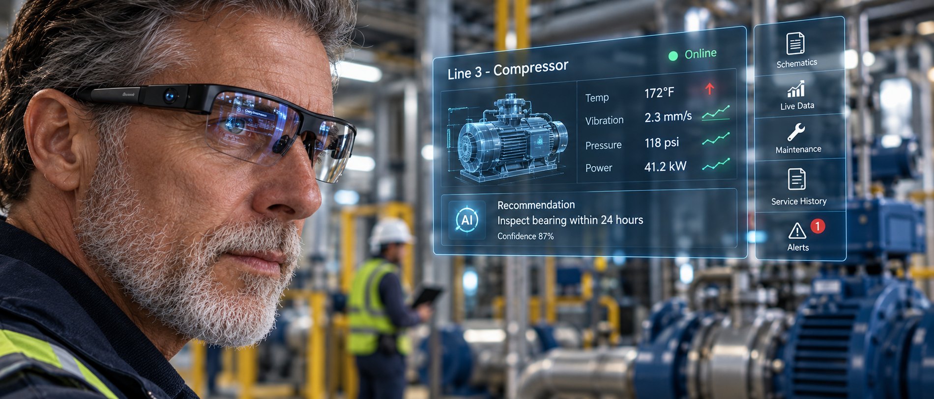 A plant engineer wearing augmented reality glasses, reading live compressor telemetry and a maintenance recommendation on the line.