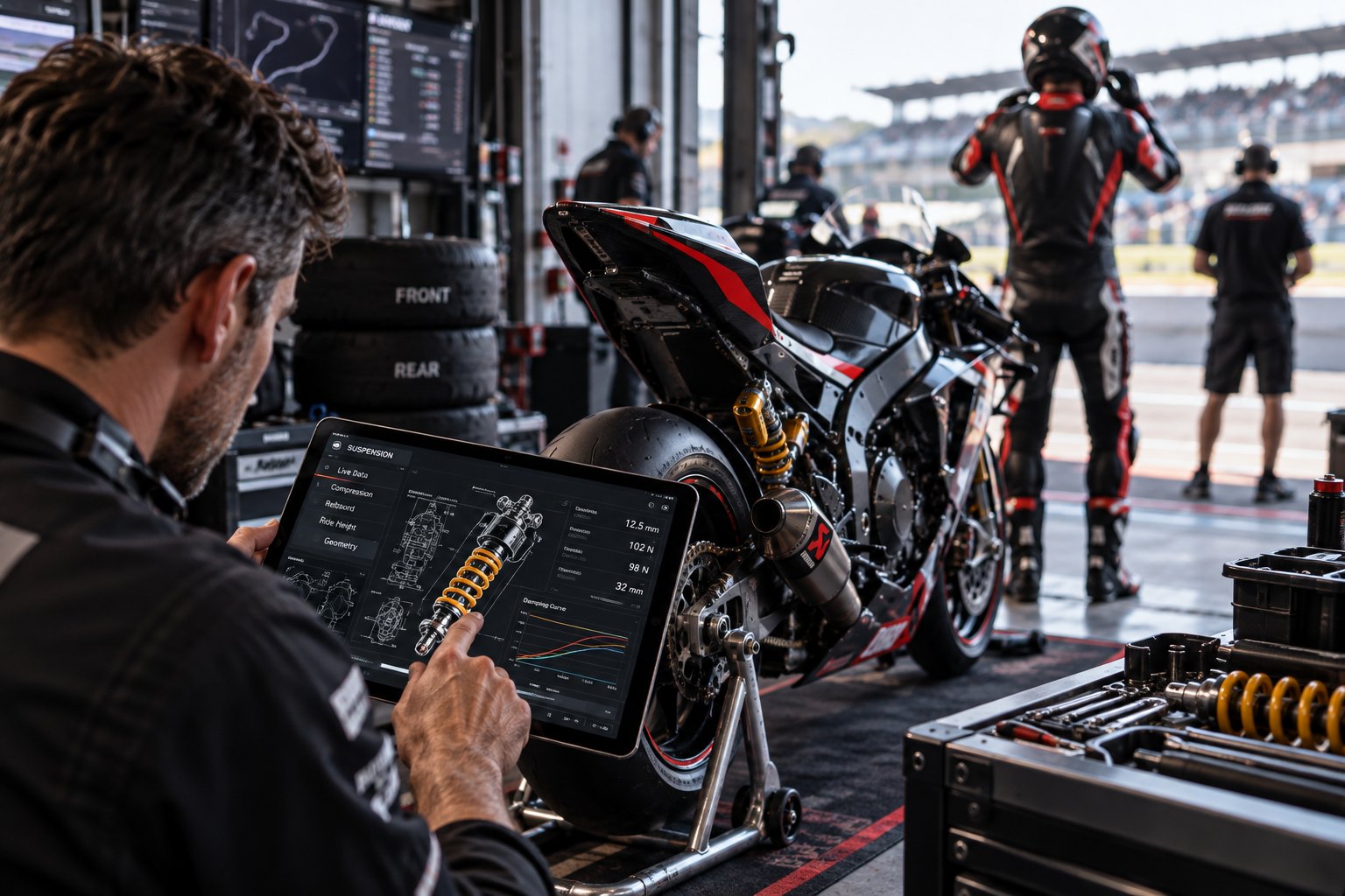 A race engineer reading live suspension telemetry in the pit garage while the rider prepares to go out.