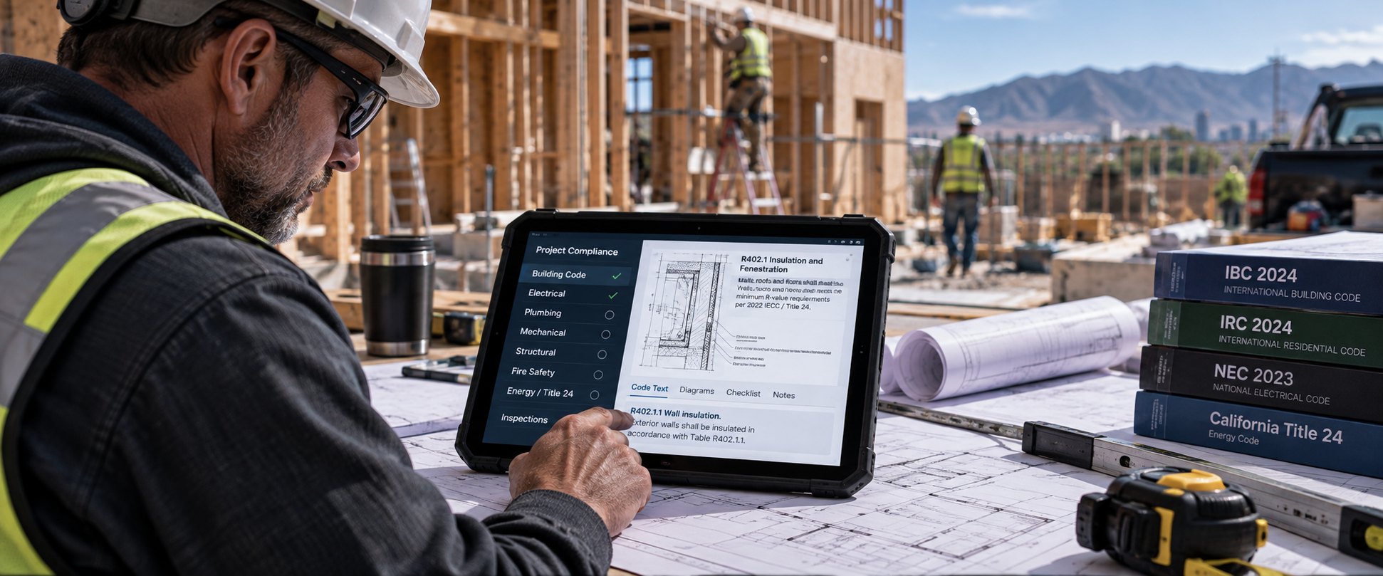A site supervisor checking project compliance and code text on a rugged tablet, on the job, with the code books stacked beside him.