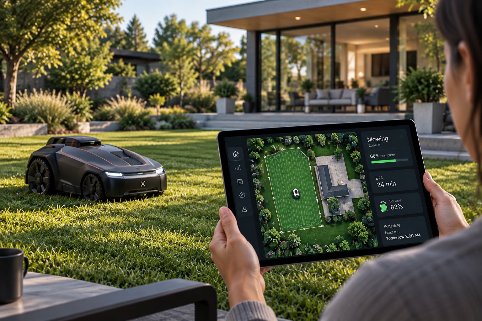 An autonomous mower at work in a yard while its owner watches zones, progress and schedule from a tablet.
