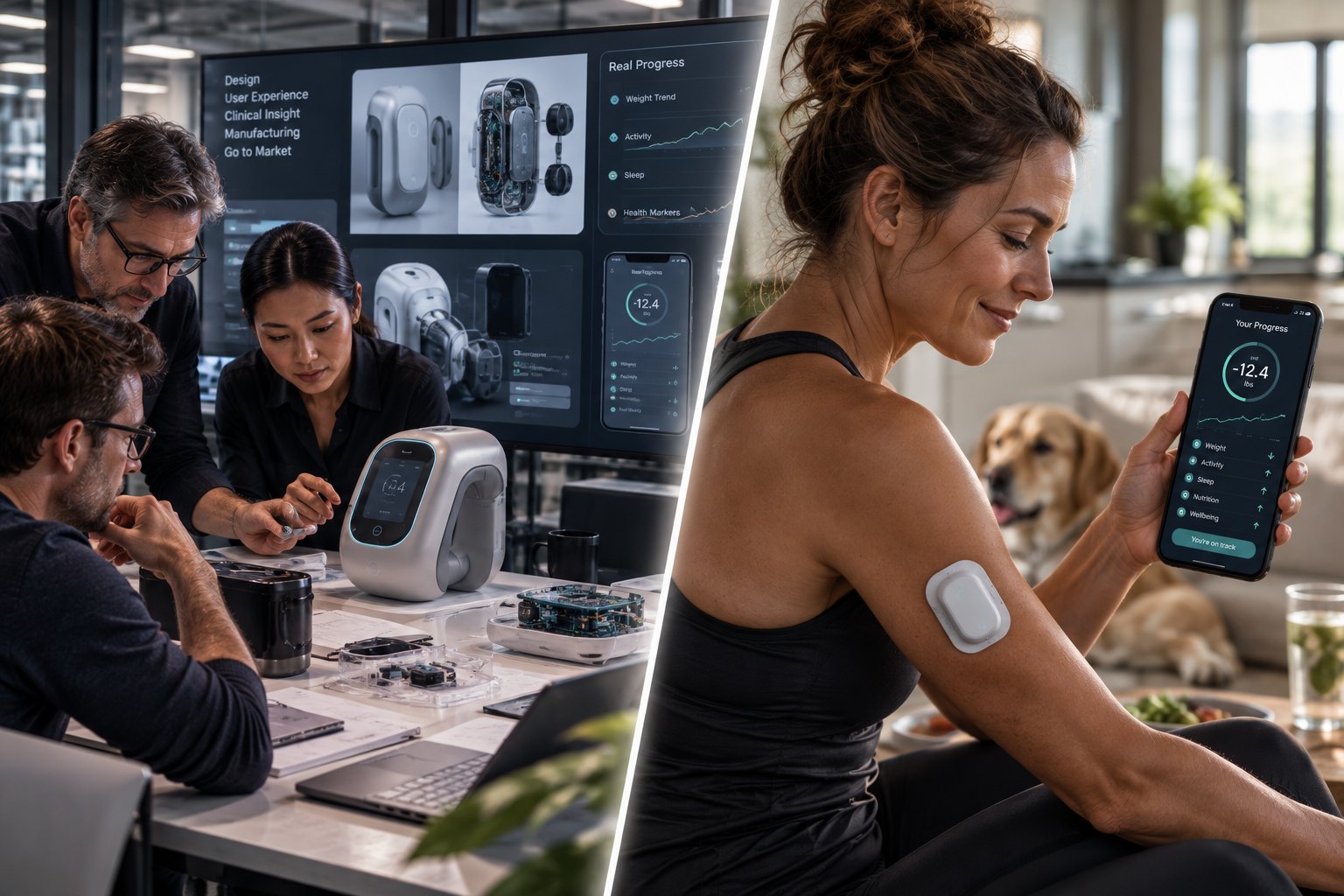 A product team finishing a device on the bench, and the person it was built for using it at home.