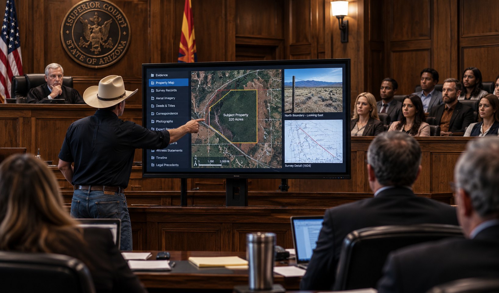 A man presenting property survey evidence from a structured case file on a courtroom display, arguing his own case.